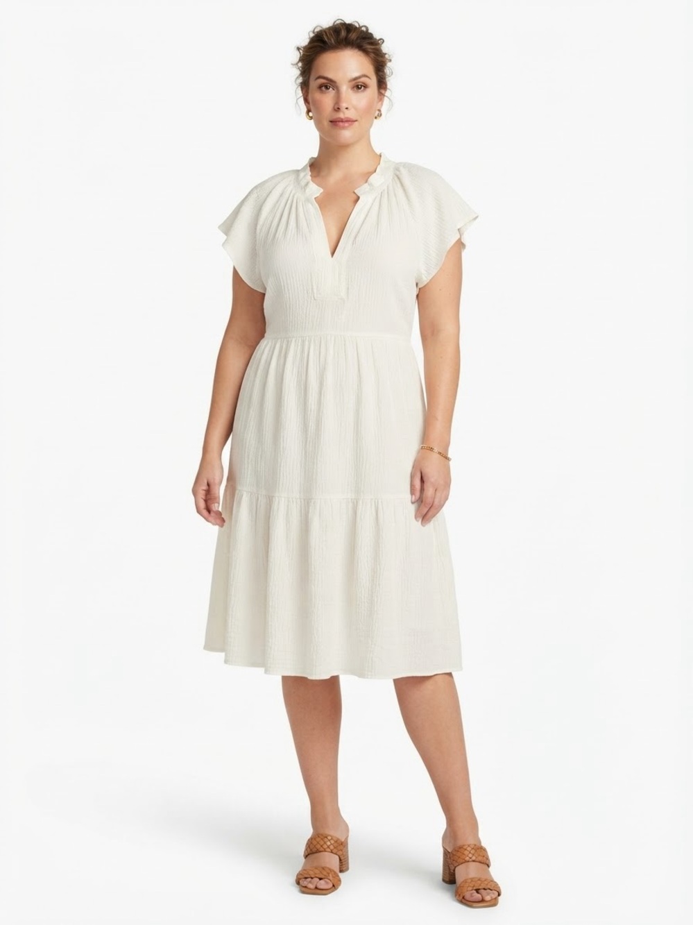 Calvin Klein Cream V-Neck Tiered Midi Dress